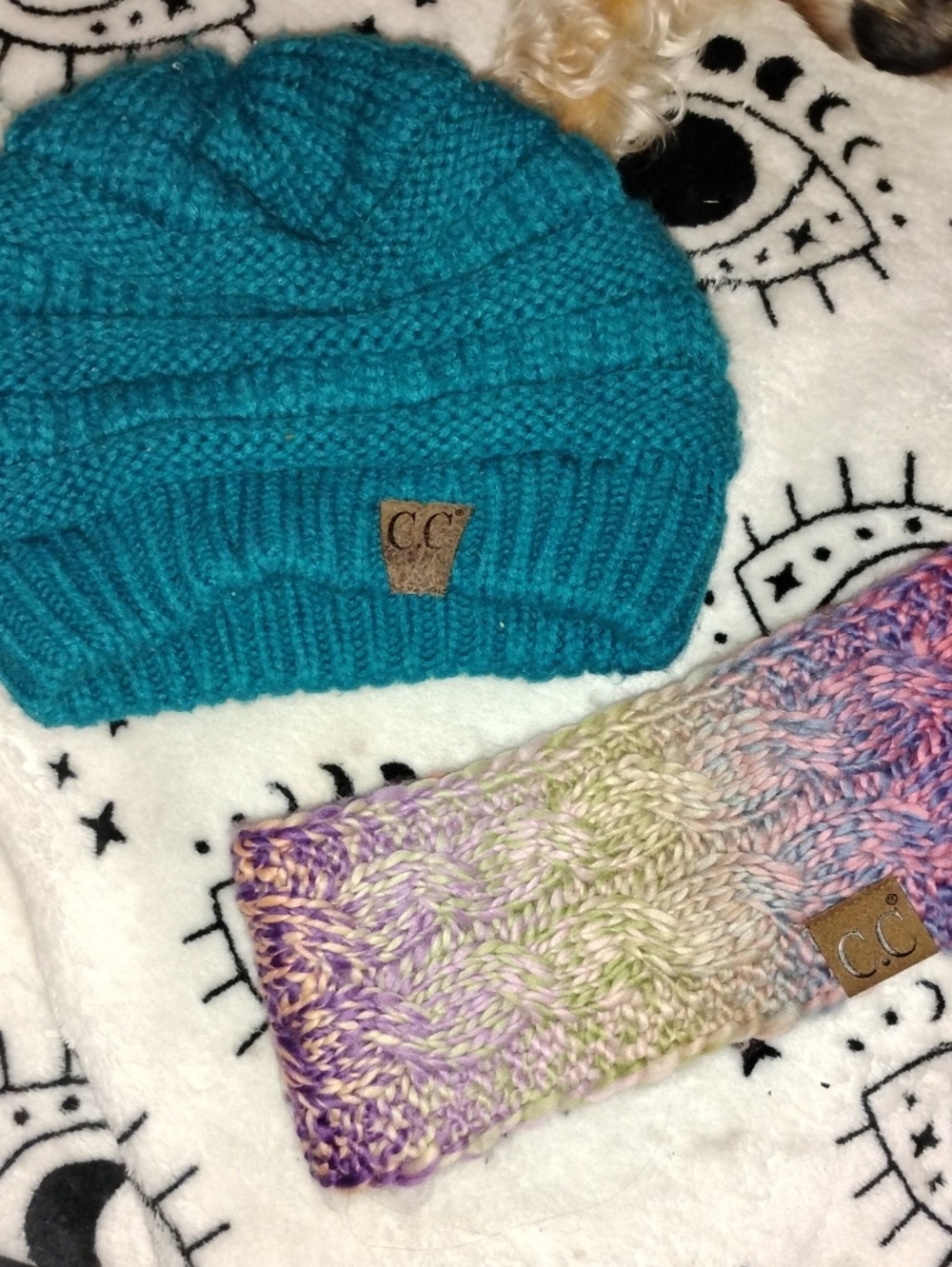 C.C Teal Knit Beanie with Pastel Multicolor Cable Knit Headband Bundle